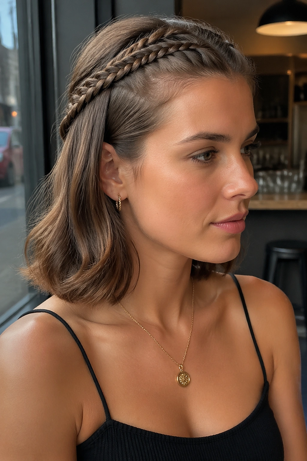 Close-up of a real woman with two tiny braids at the hairline on a bob or lob