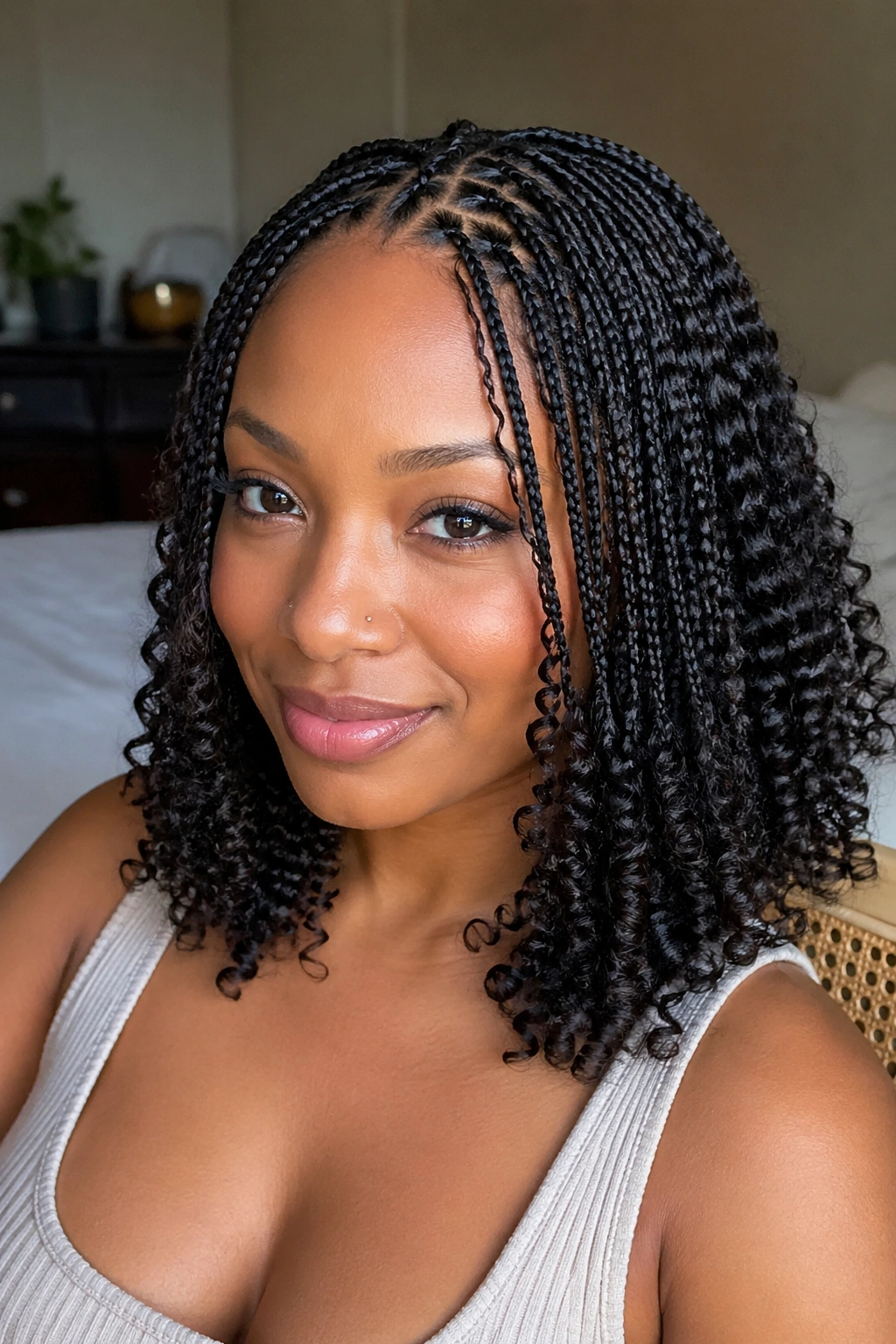 Close-up portrait of transitioning hair with mini braids and curled ends on a real person