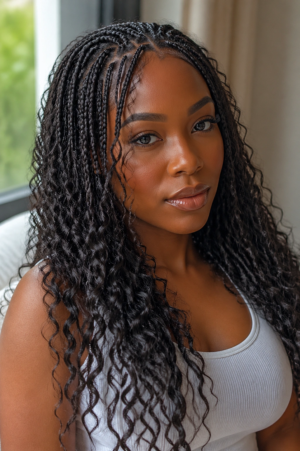 Close-up of a real woman with mini braids and water wave curls.