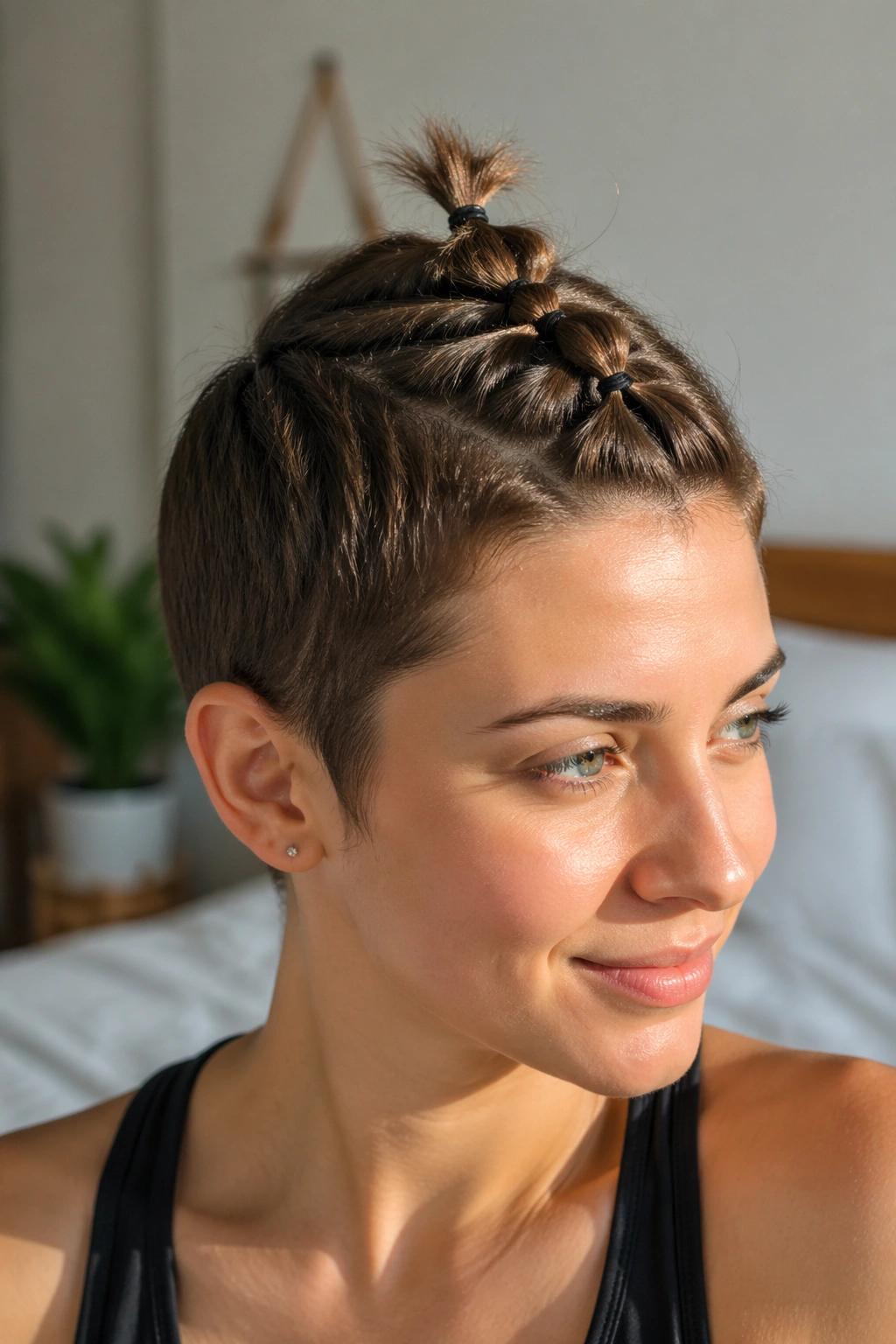 Real person with a mini bubble ponytail on very short hair