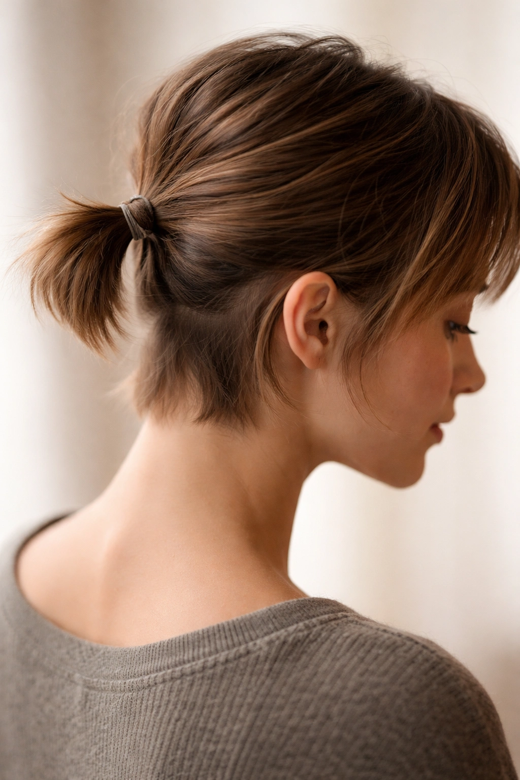 Tiny bubble ponytail on very short pixie grow-out hair with loose pieces.