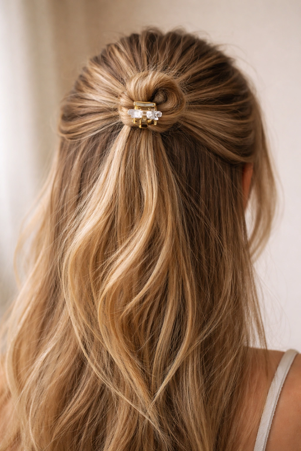 Close-up of crown bun secured with a small clip on long hair
