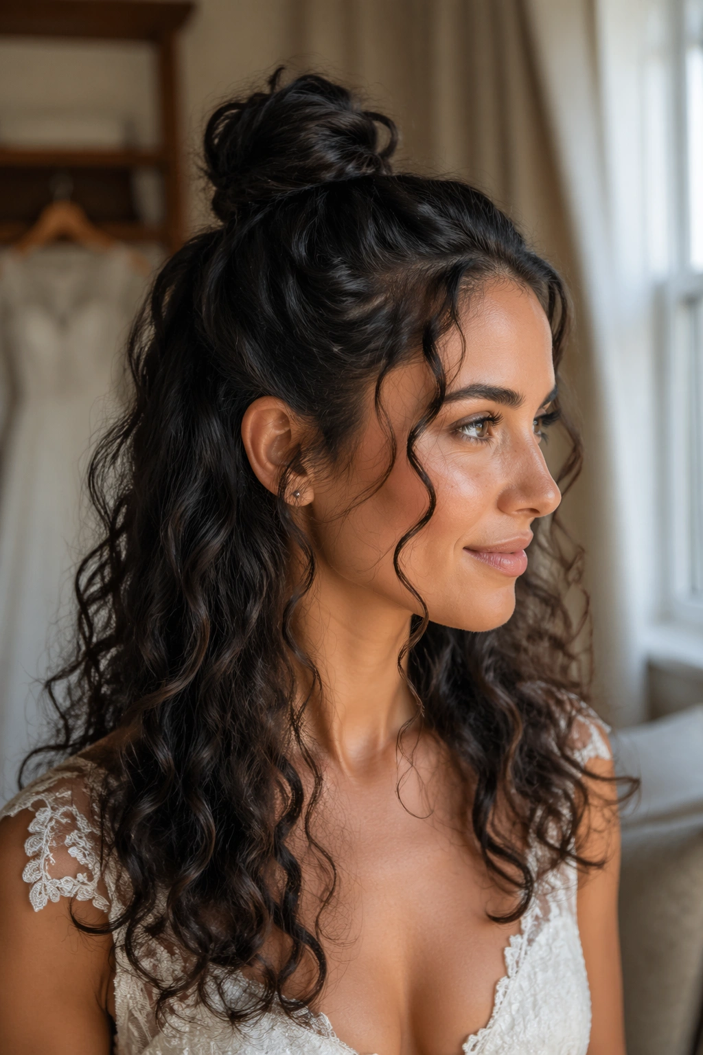 Close-up of real bride with sleek mini bun and loose curls