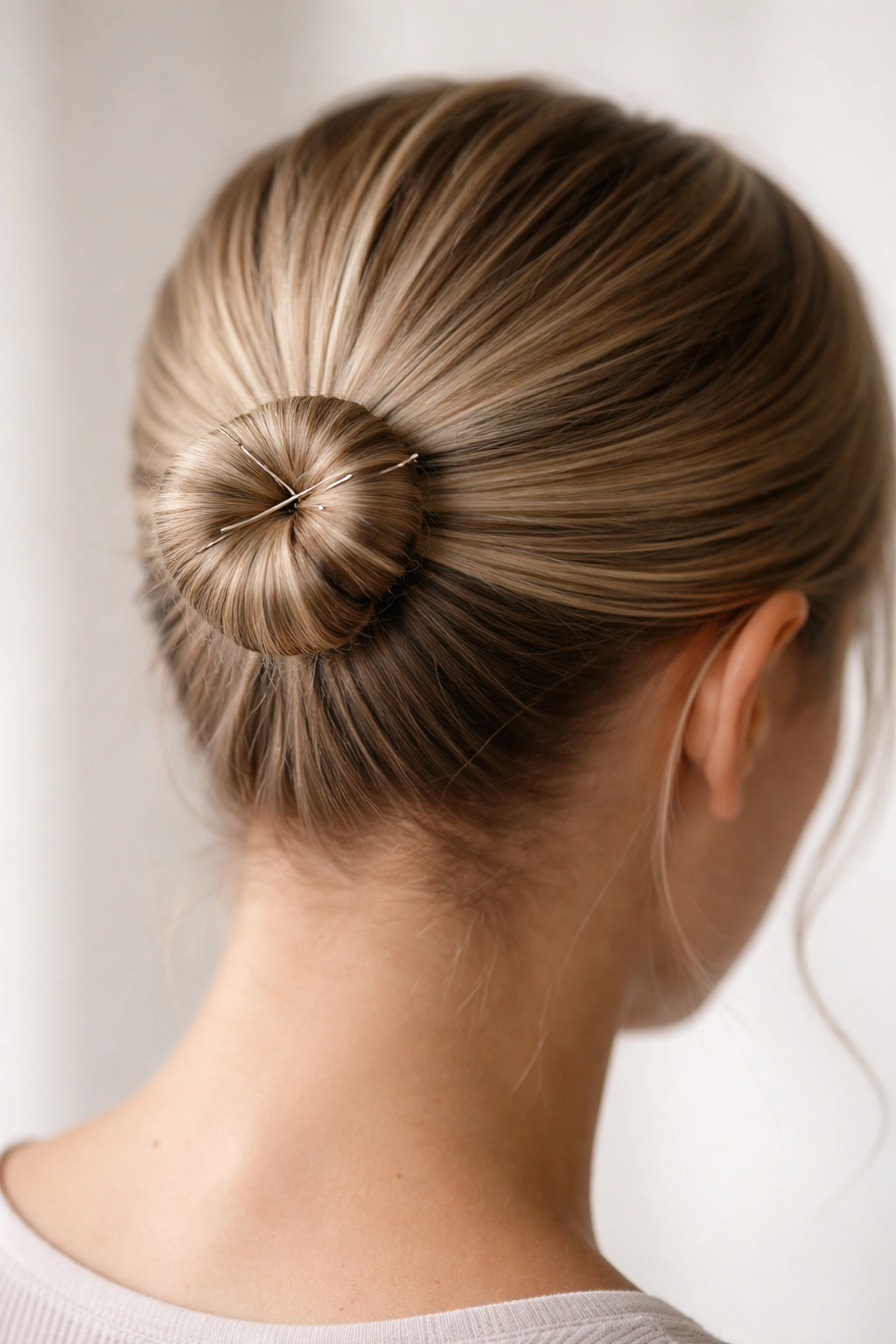 Close-up of a small compact bun near the scalp for fine hair