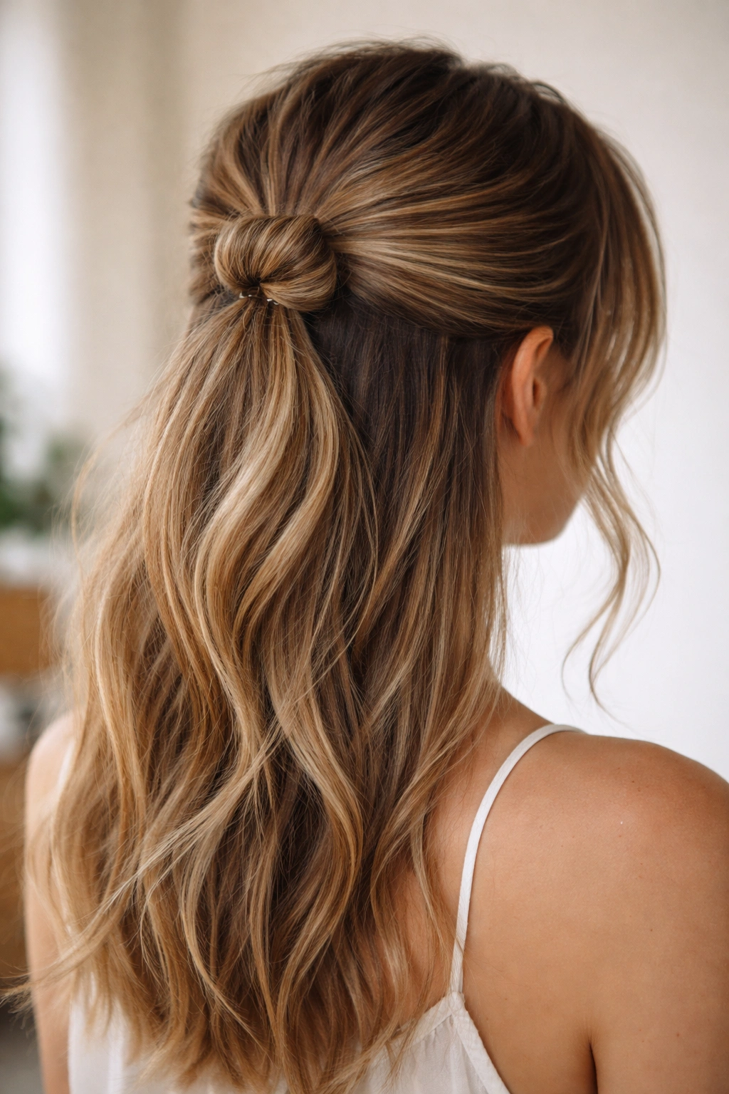 Close-up of mini bun accent in half-up ponytail with airy crown