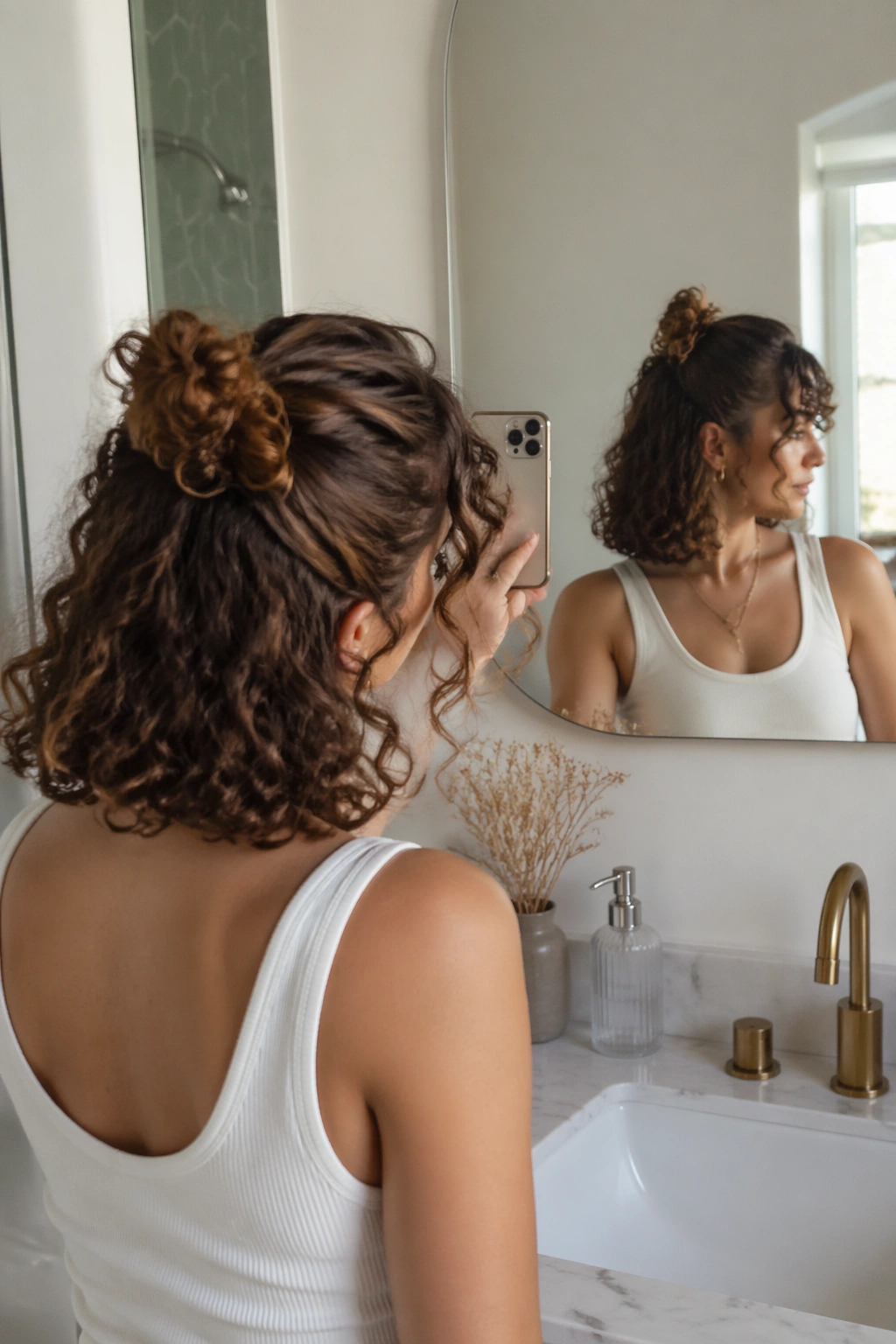 Over-the-shoulder mirror selfie of mini half bun on short curls.