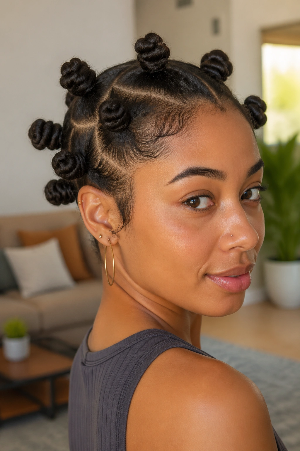Close-up of a real person with multiple mini buns across the back of the head