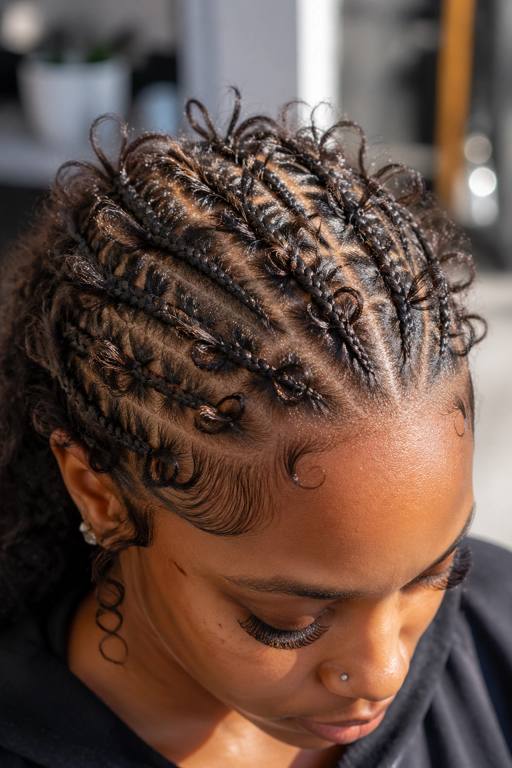 Close-up of dozens of tiny butterfly cornrows across the crown on a real person.