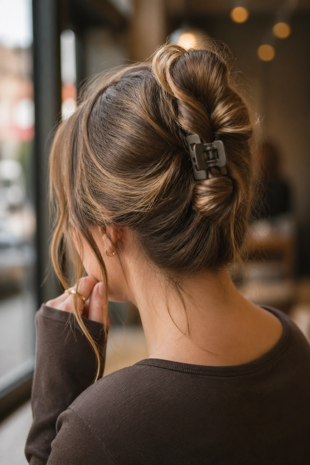 Close-up of a real woman wearing a mini claw-clip French twist on shoulder-length waves