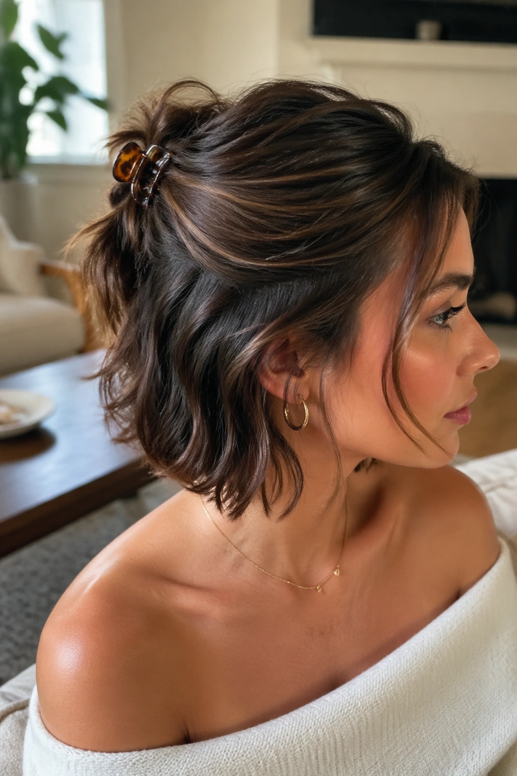 Portrait of short hair with a half-up style secured by a small claw clip