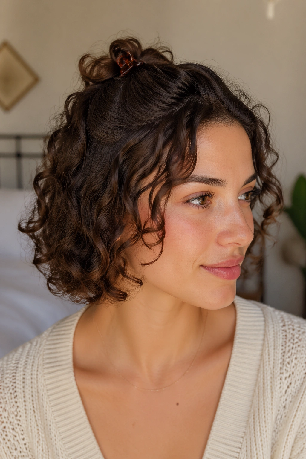 Close-up of real woman with mini claw clip half-up on chin-length curls.
