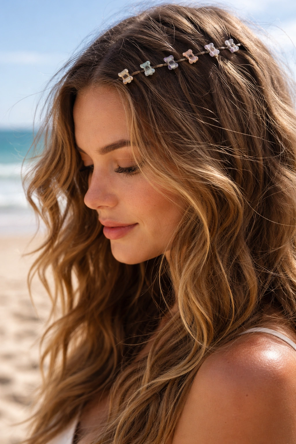 Real woman with a row of mini claw clips along the front of her hair