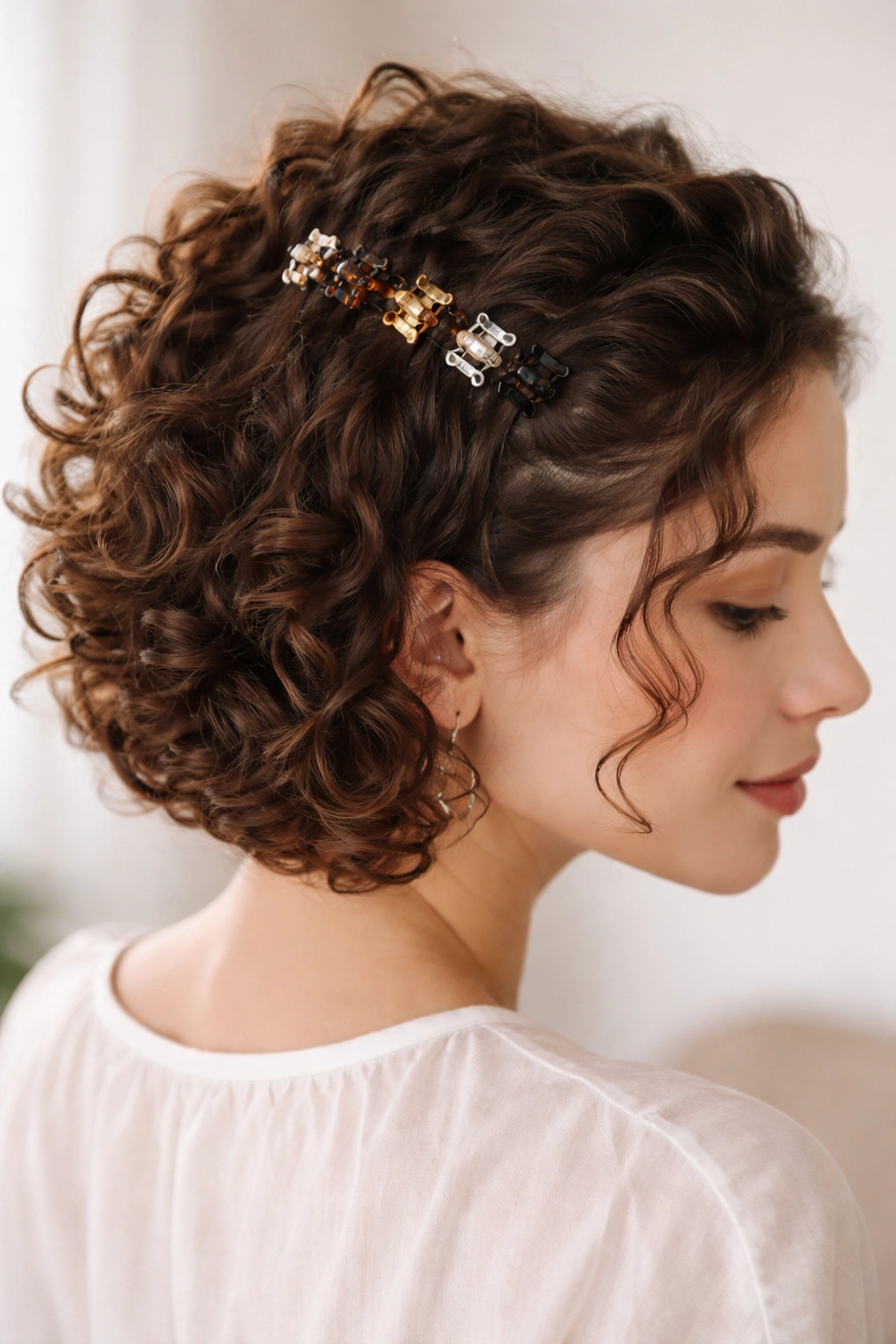 Short curly hair pinned back with multiple mini clips across the crown