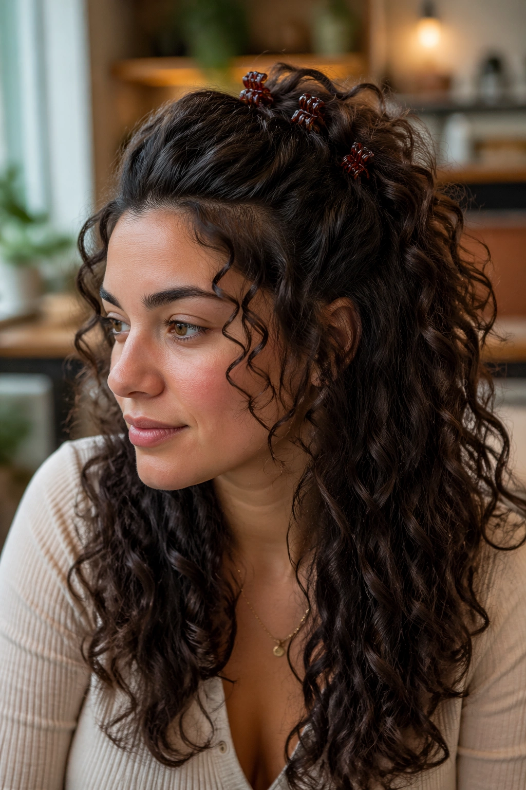 Real person wearing three small claw clips in a half-up style across the crown