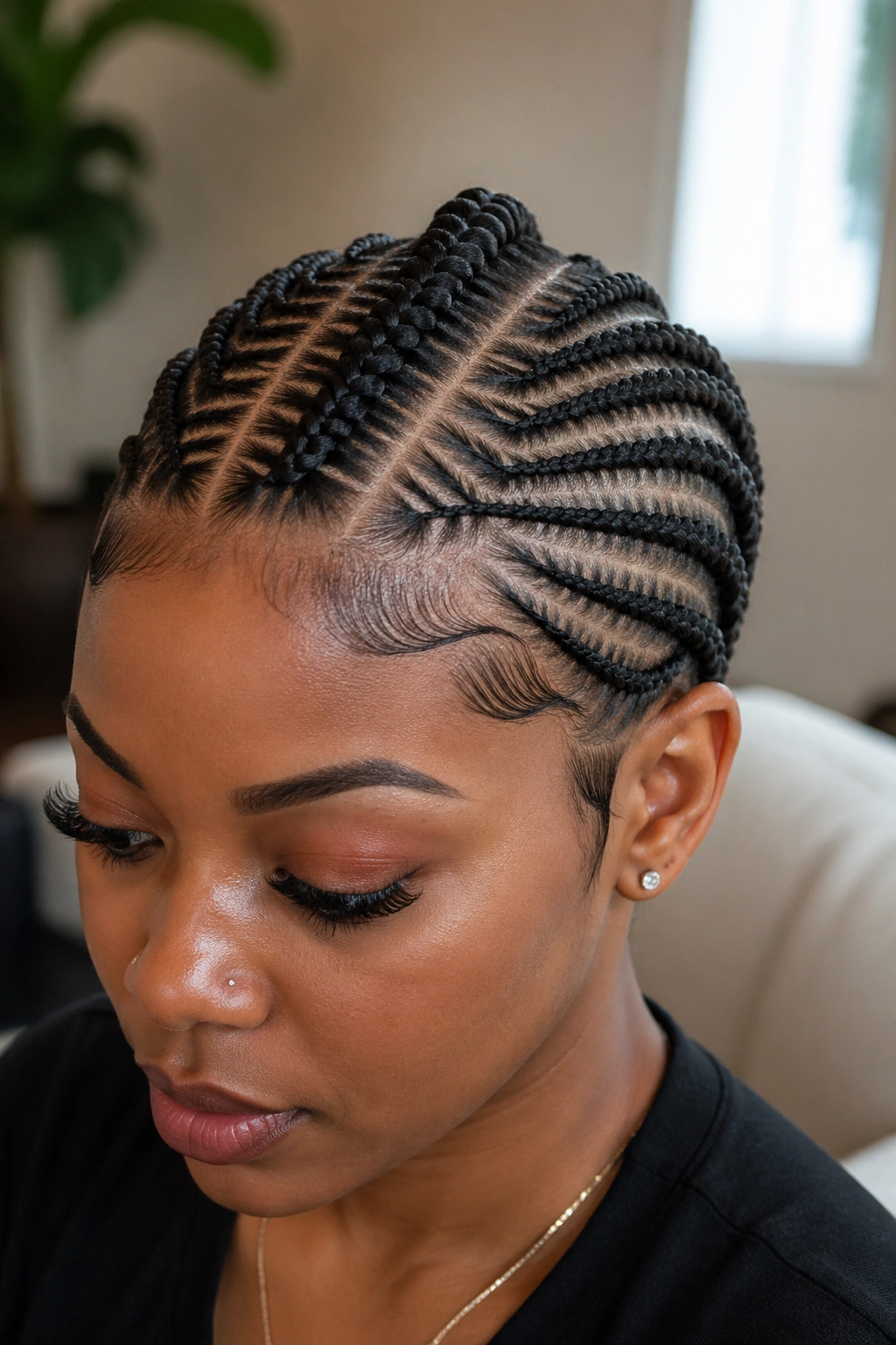 Close-up of a real Black woman with a mini cornrow mohawk.