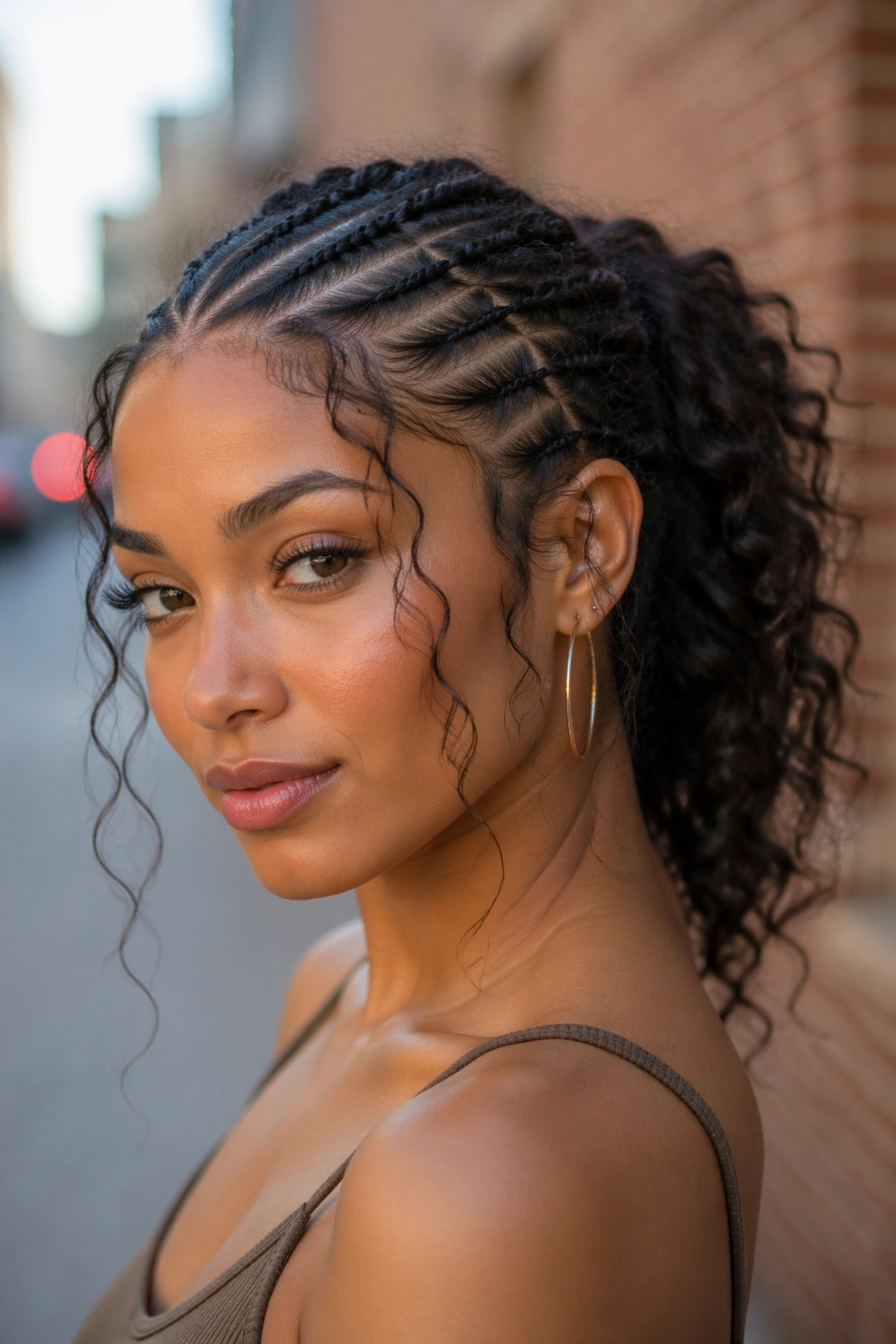 Real woman with mini-cornrow ponytail on urban street