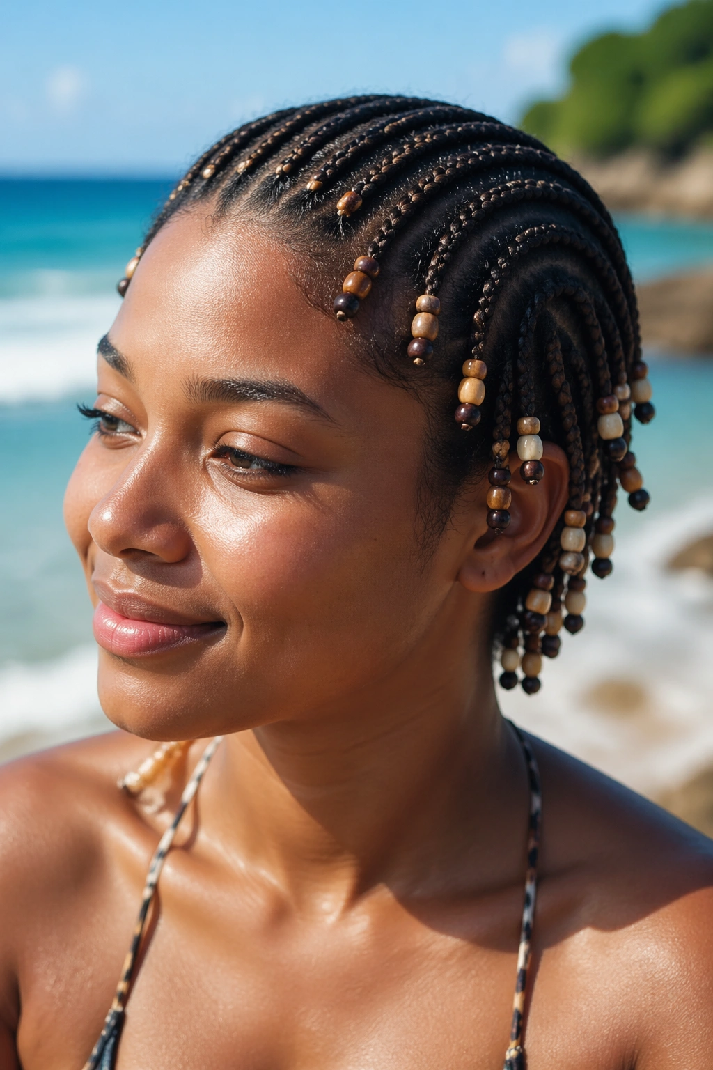 Real woman with tiny cornrows and beads at crown by the seaside