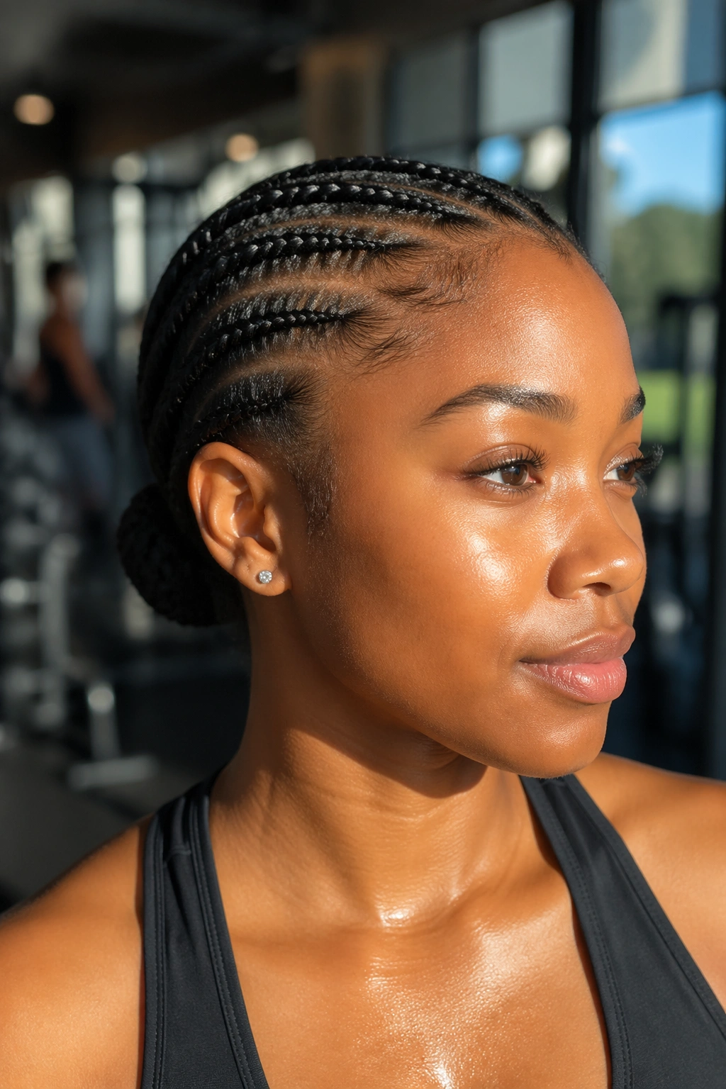 Close-up of real woman with mini cornrows forming a low bun at the nape