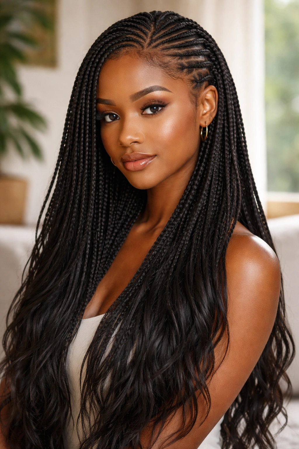 Mini cornrows with long tips on a real woman