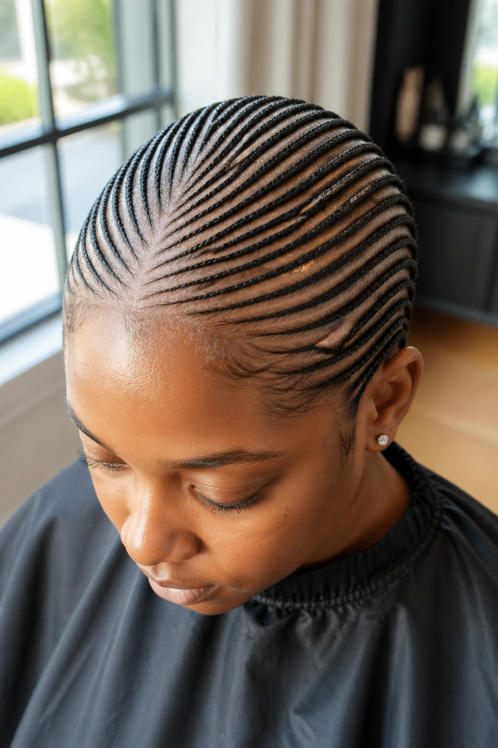 Close-up top-of-head view of micro needle cornrows on a real person