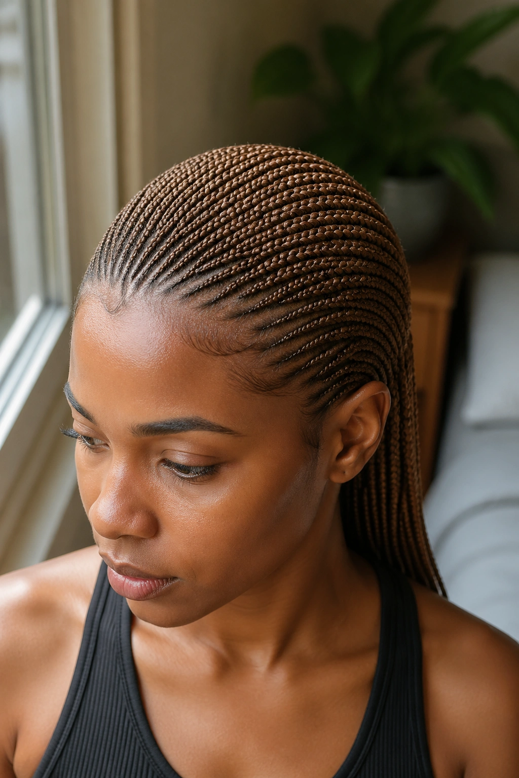 Real person with sienna brown mini cornrows across the head.