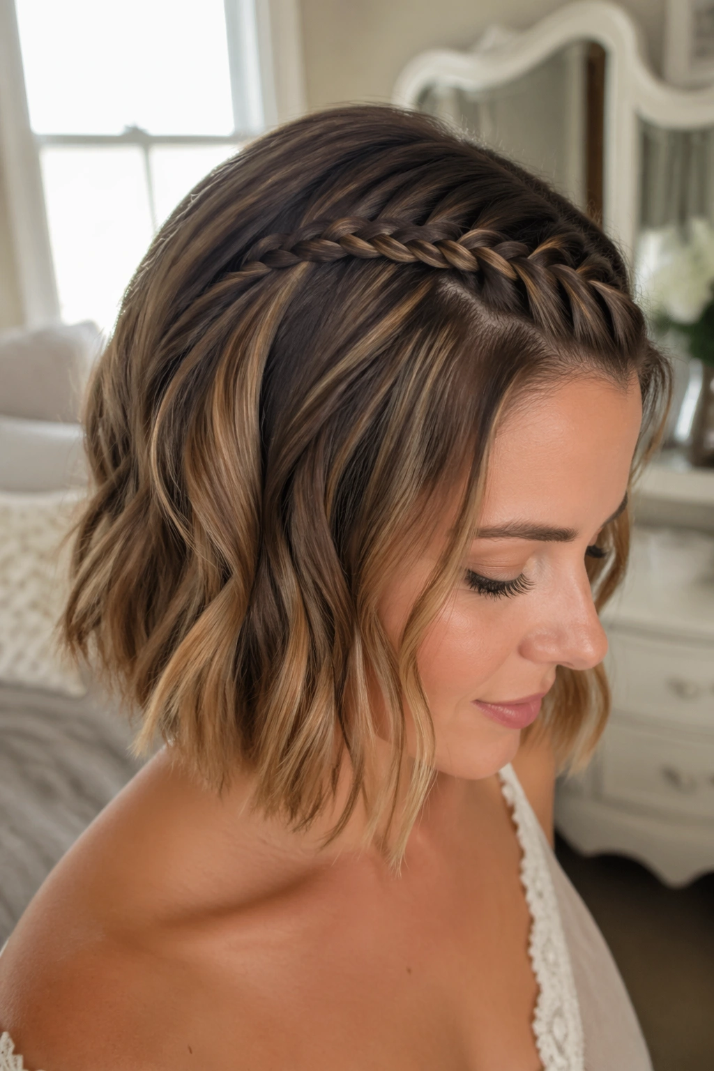 Mini crown braid on short bob with soft waves