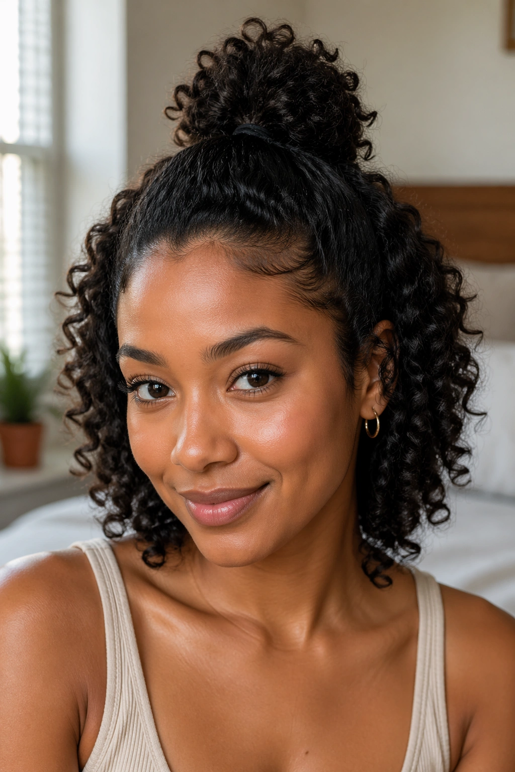 Close-up of real woman with mini curly puff at the crown on short curls, natural window light.