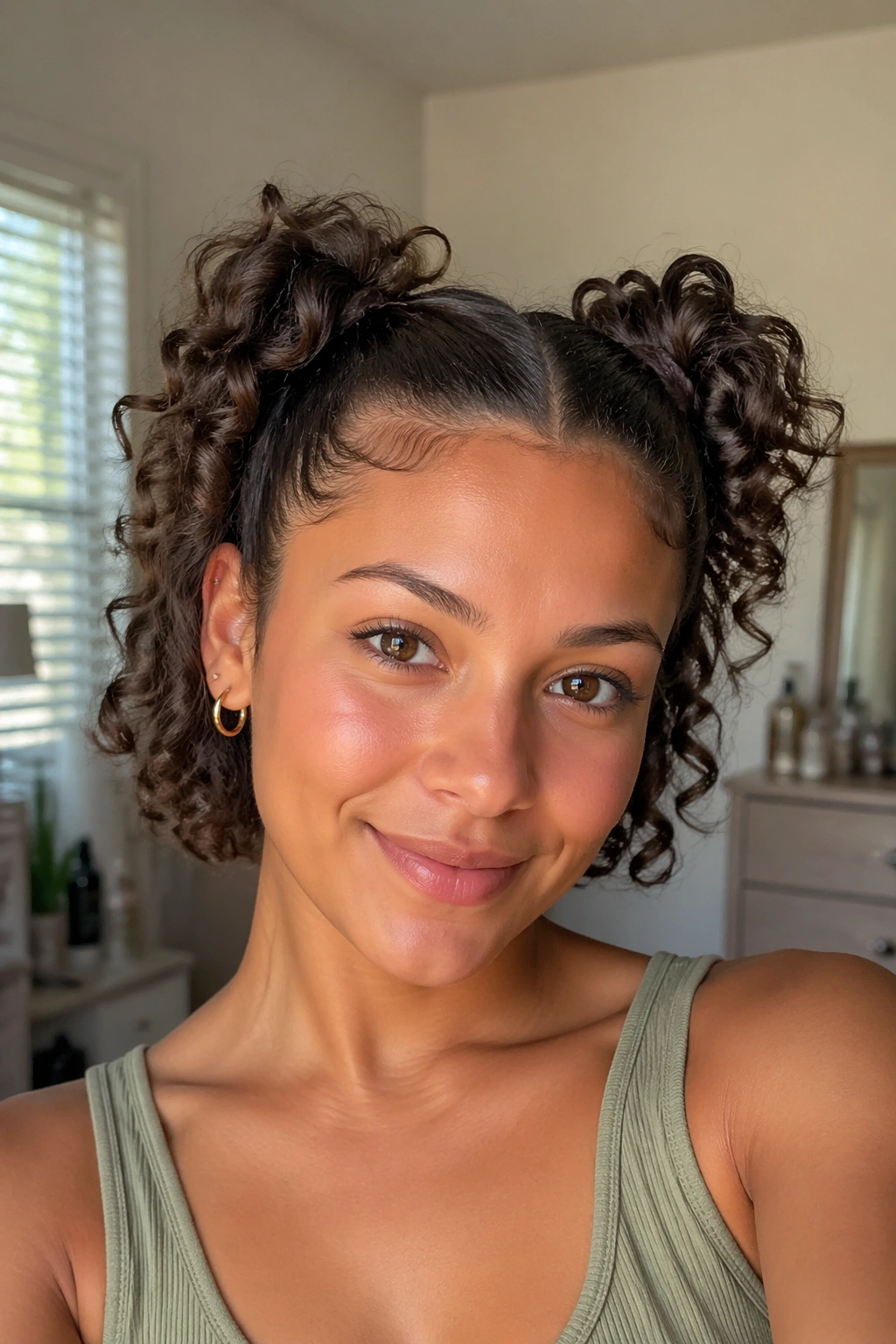 Short curly hair styled into mini double ponytails on a real person