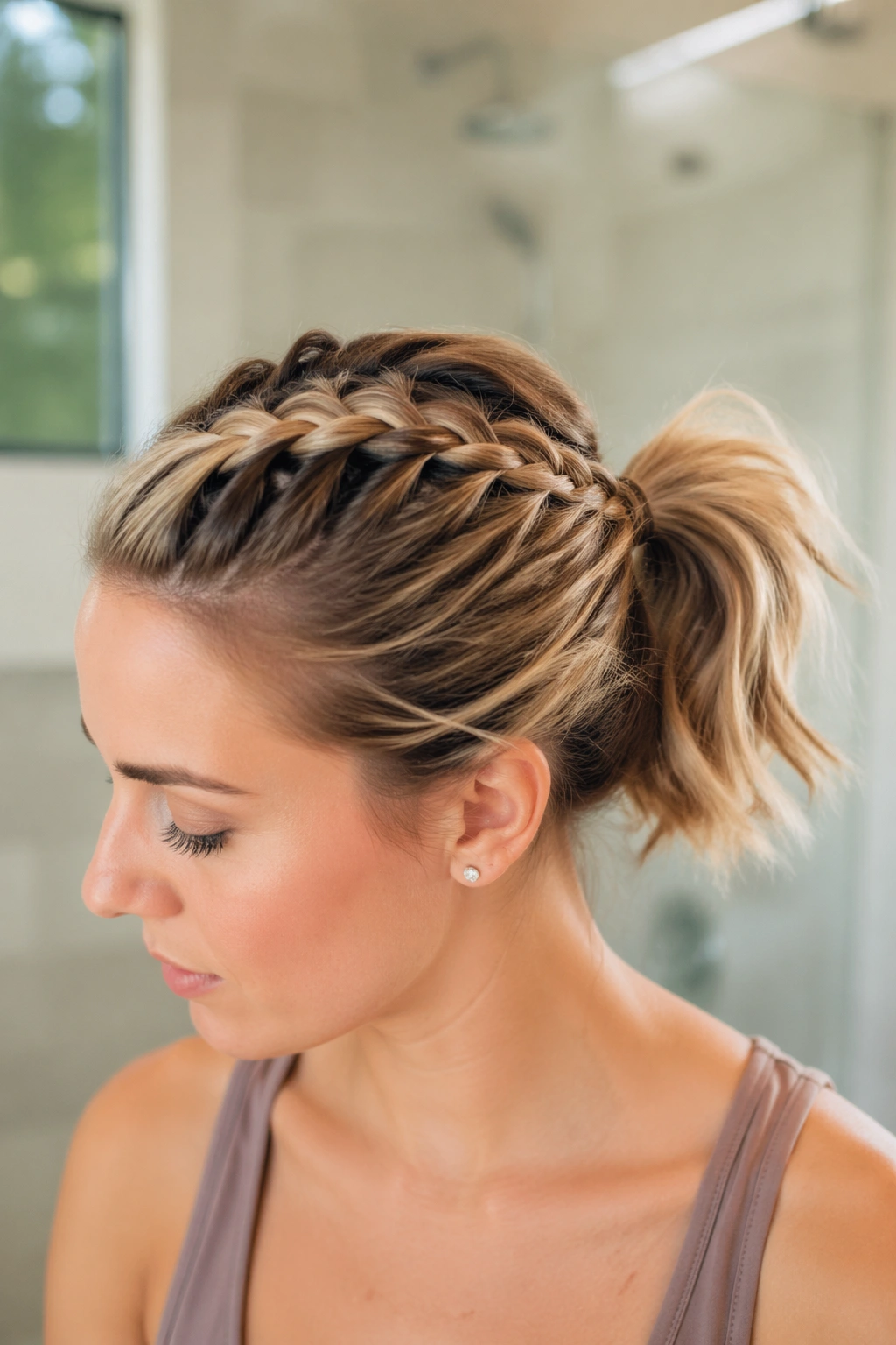 Close-up of a real woman with a mini Dutch braid into a ponytail