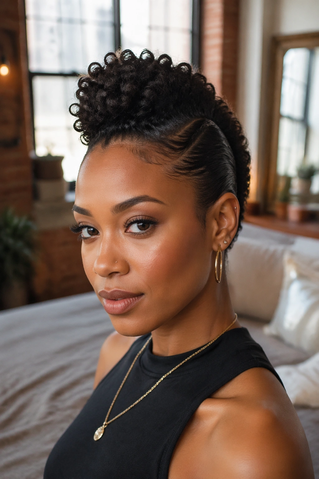Close-up of real woman with mini faux hawk curls hairstyle