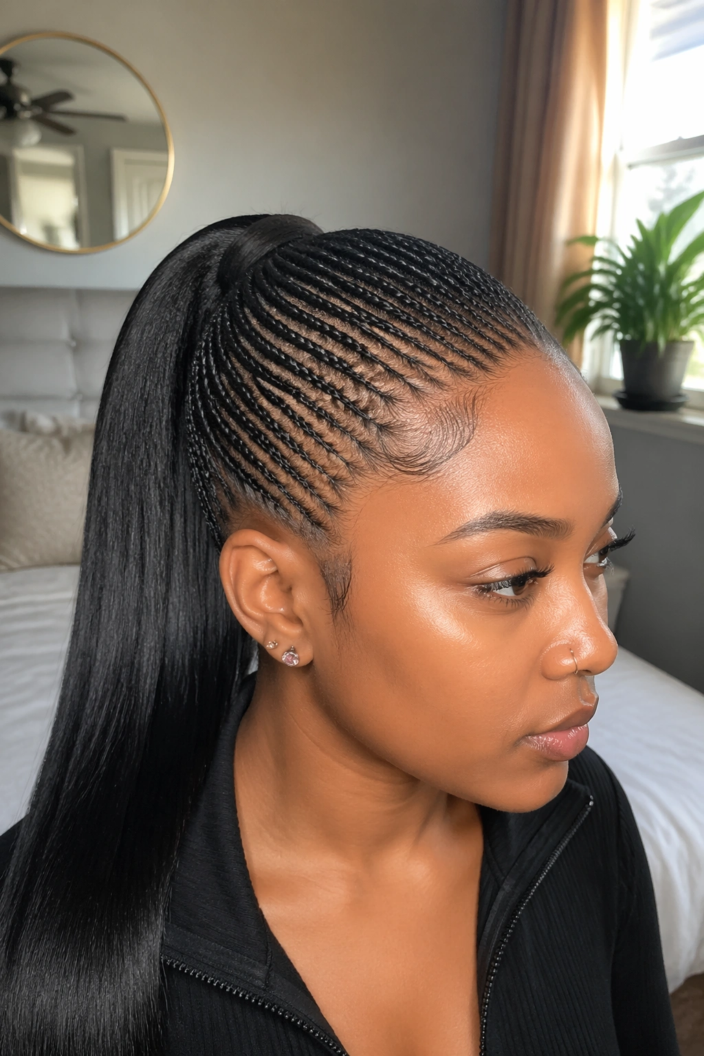 Real woman with micro feed-in braids into a sleek ponytail