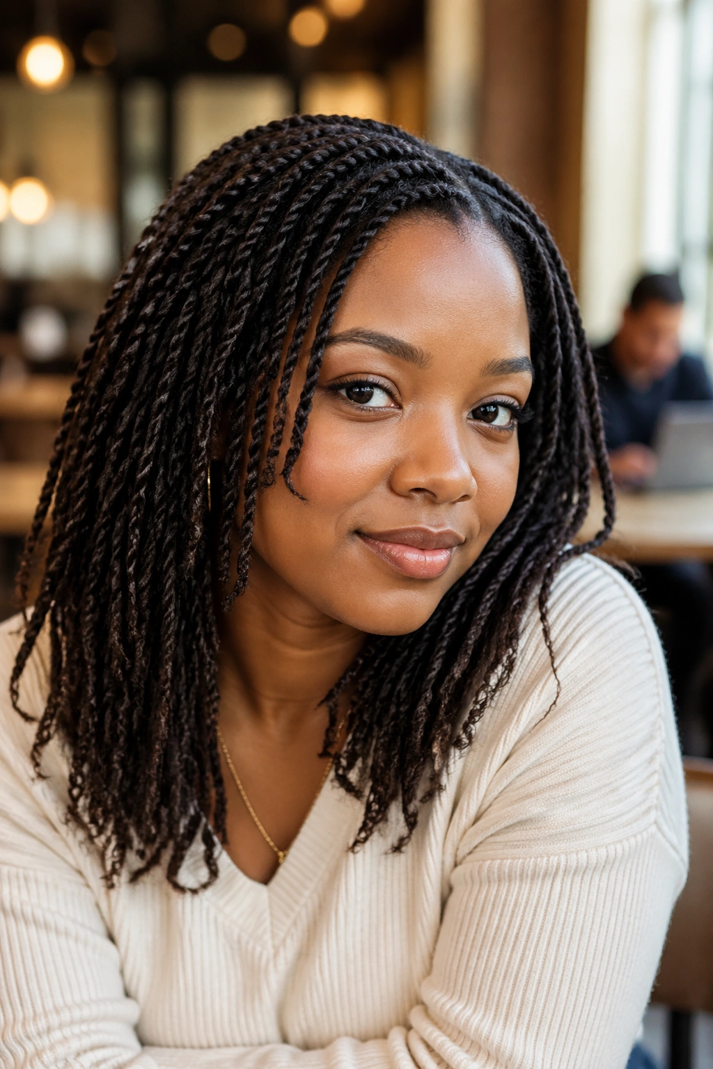 Real person with mini flat twists worn down in a work setting