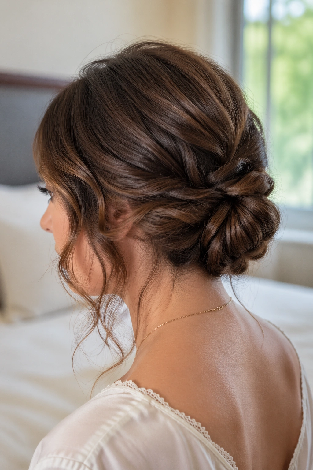 Close-up of a real woman with a mini French roll at the nape and shoulder-length waves