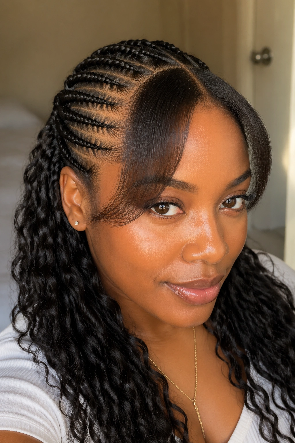 Face-framing mini front section left out of half cornrows on real woman