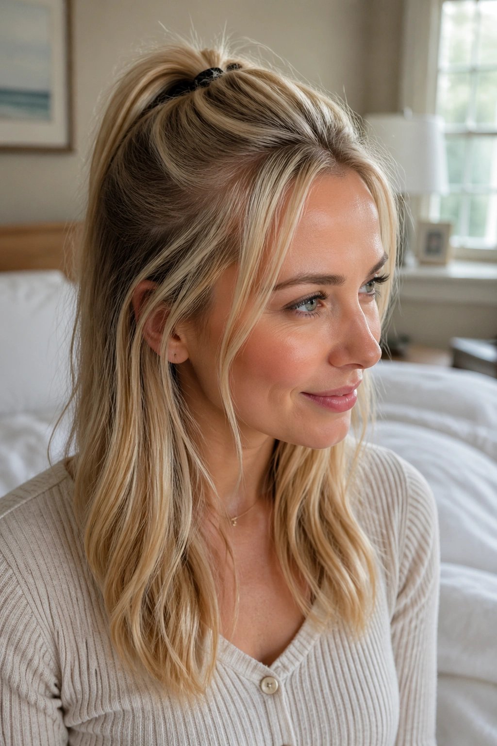 Close-up of a mini half-up ponytail for fine hair on a real woman in a bedroom