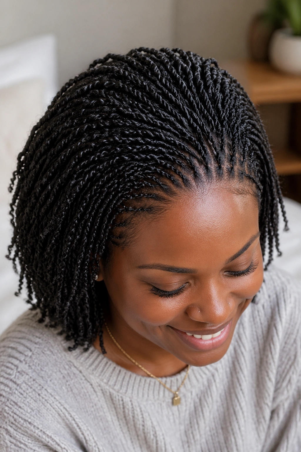 Close-up of a real person with dense mini perm twists covering the head