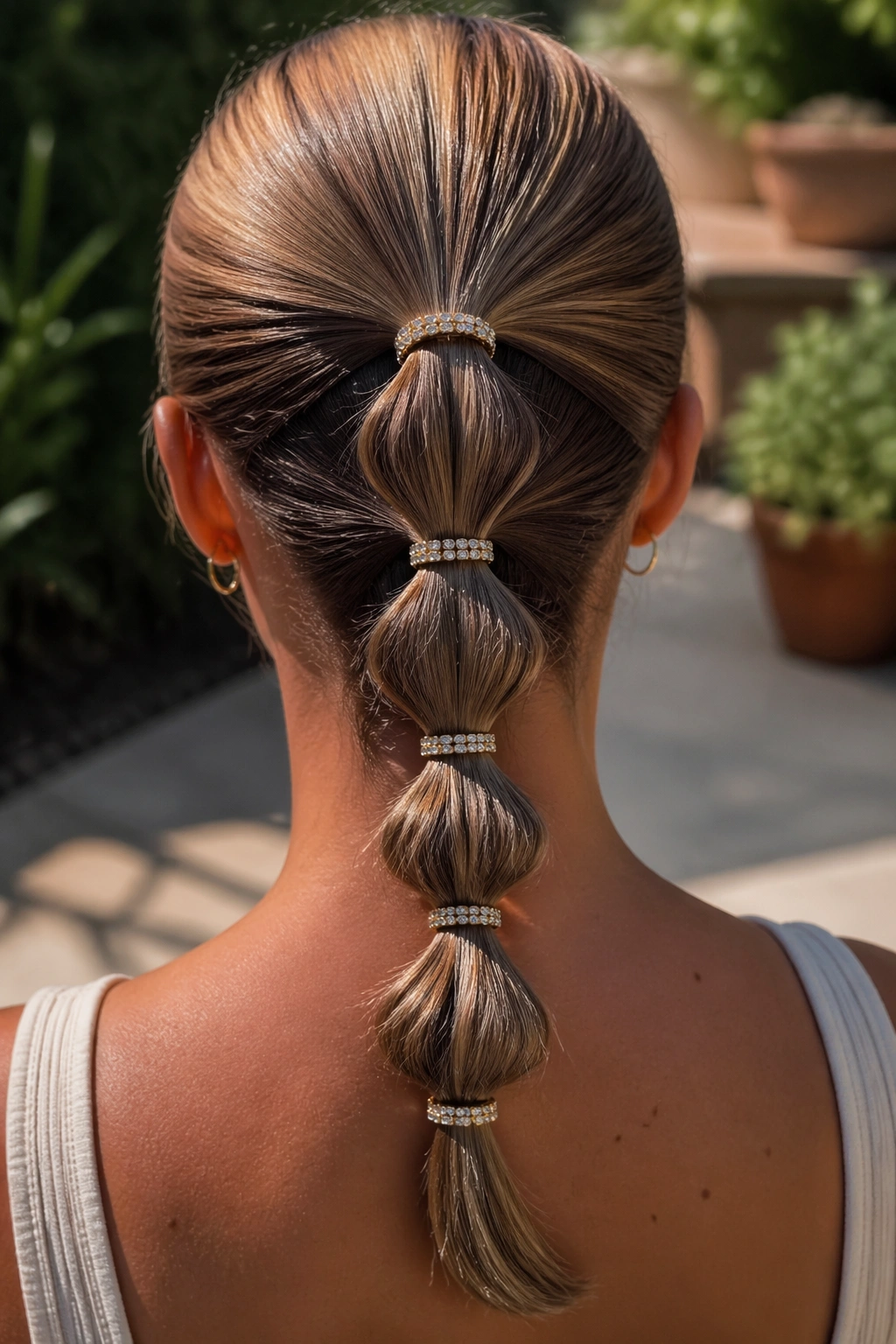 Back view of mini ponytail stack with crystal bands on a real person.