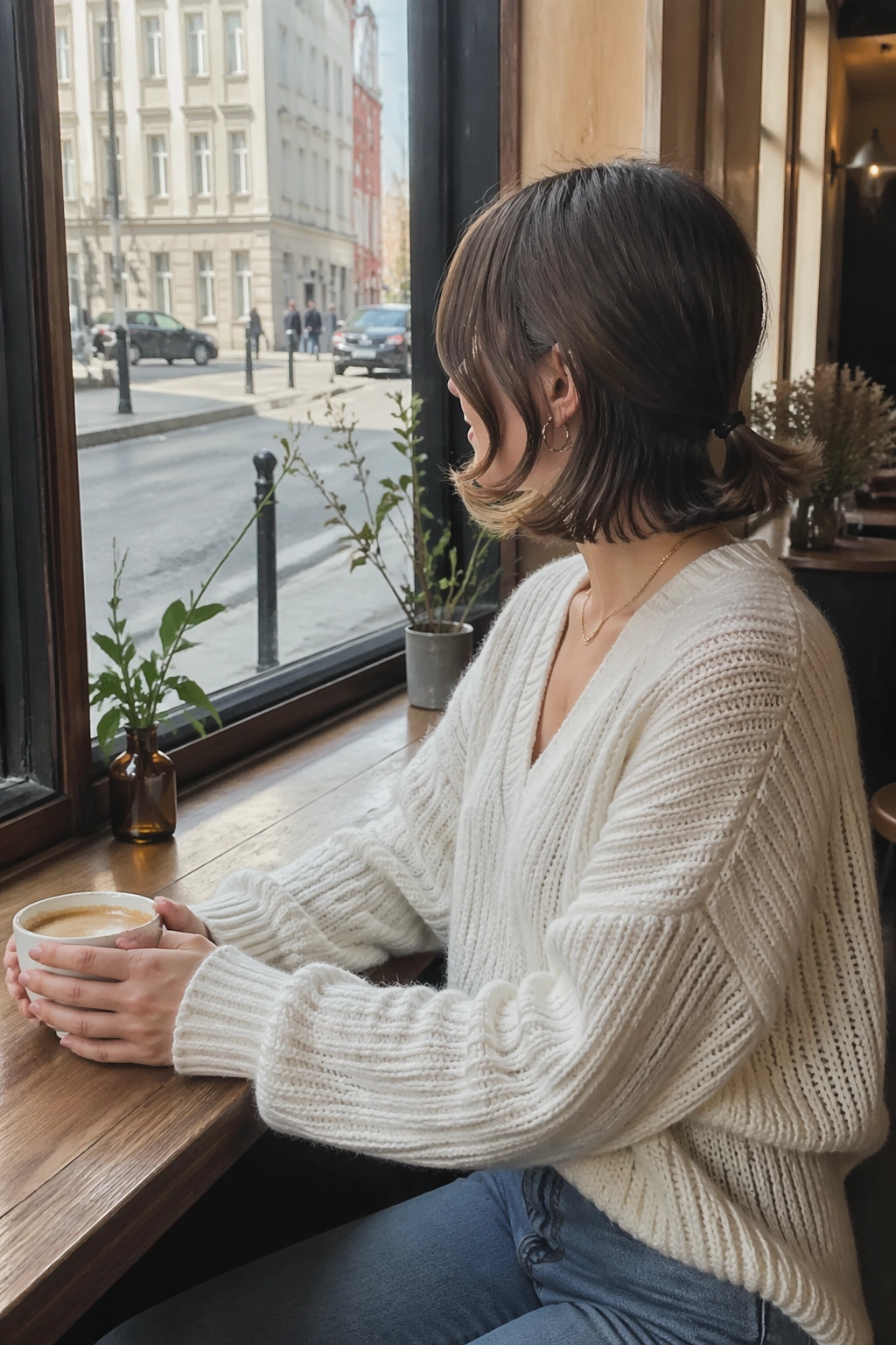 Mini ponytail with curled ends seen in cafe window light
