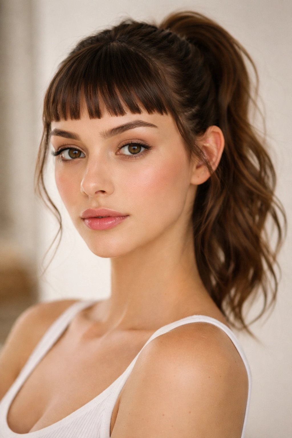Mini ponytail with micro bangs on wavy hair