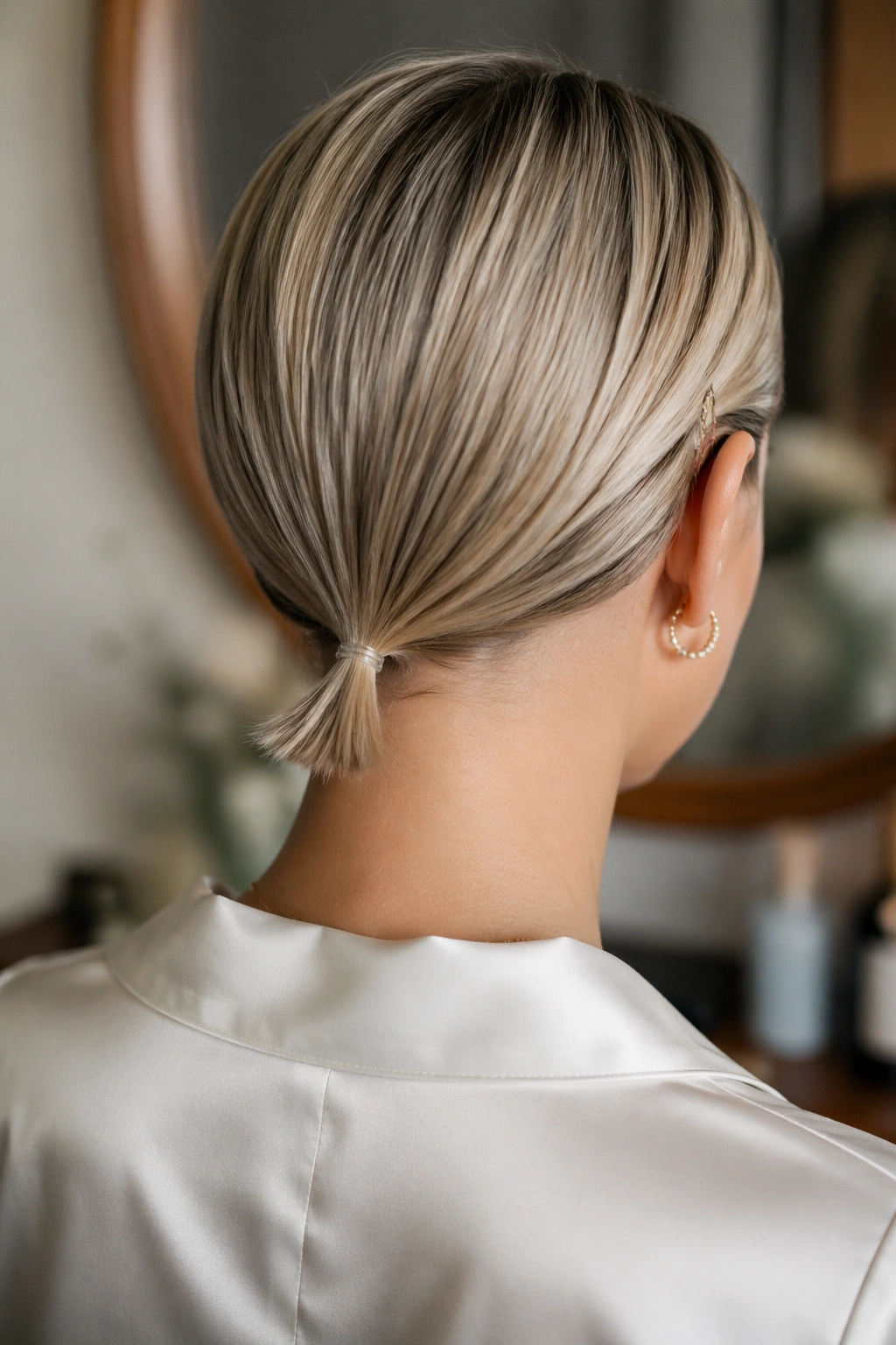 Back view of a real person with a tiny nape ponytail