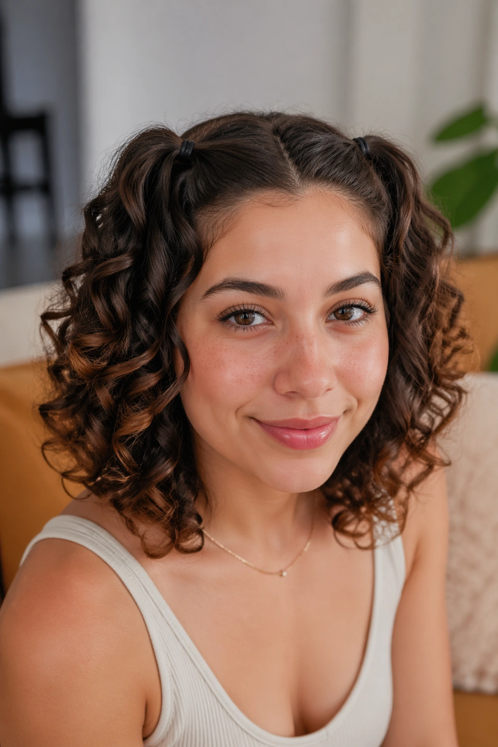 Close-up portrait of a real woman with mini double ponytails on short curls