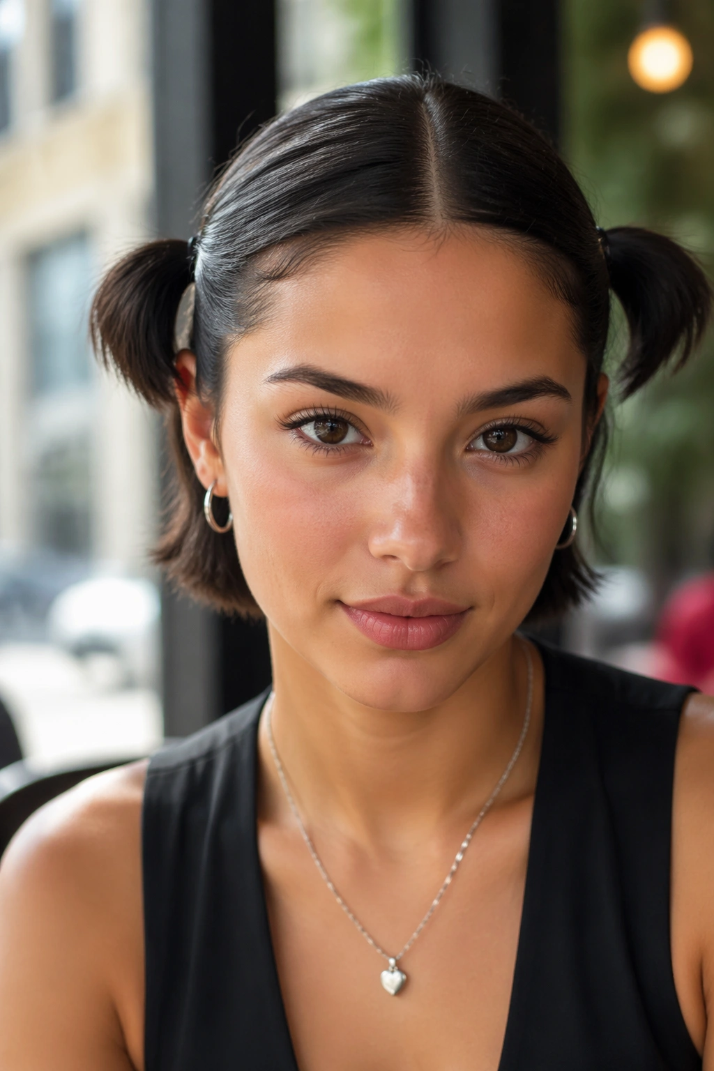 Close-up of a real person with mini double ponytails for short hair