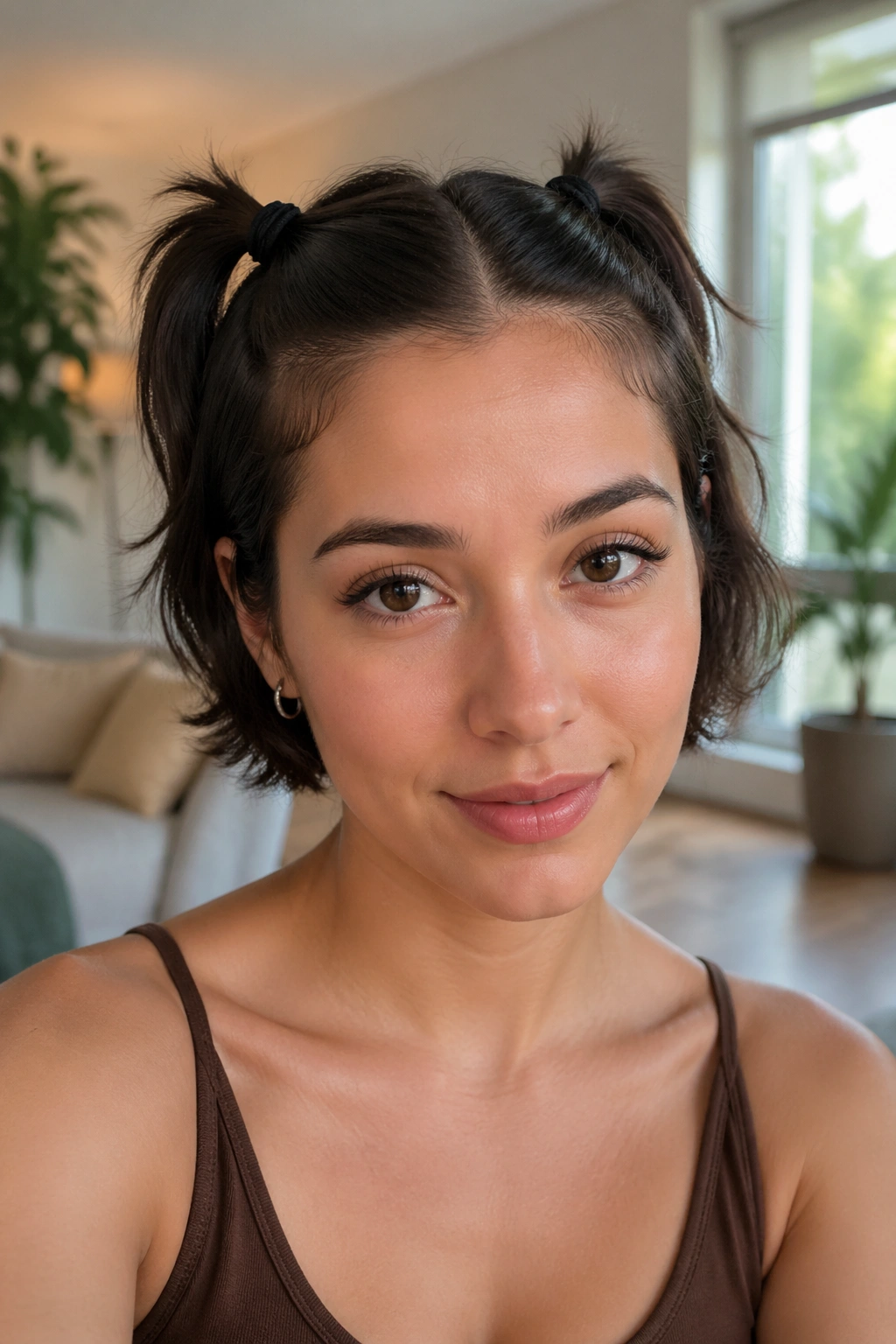 Real woman with mini double ponytails for short hair.