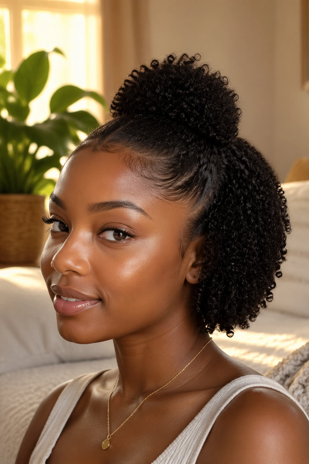 Close-up of real woman with mini crown puff on a bob hairstyle