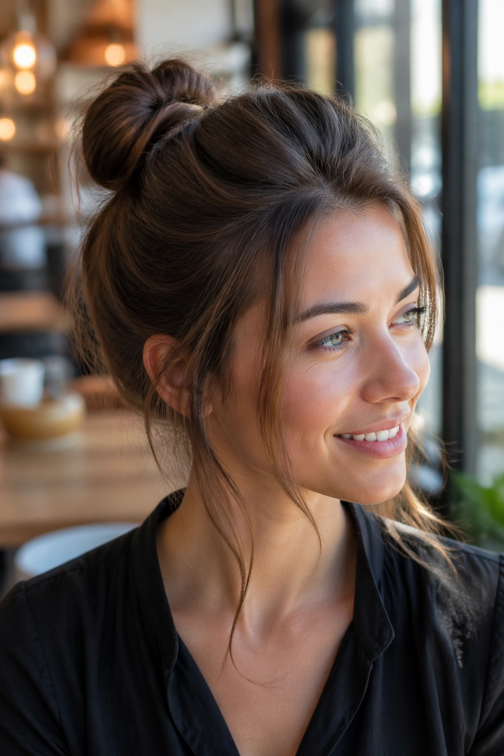 Close-up of a real woman with a mini crown puff and small bun at the crown in a cafe setting