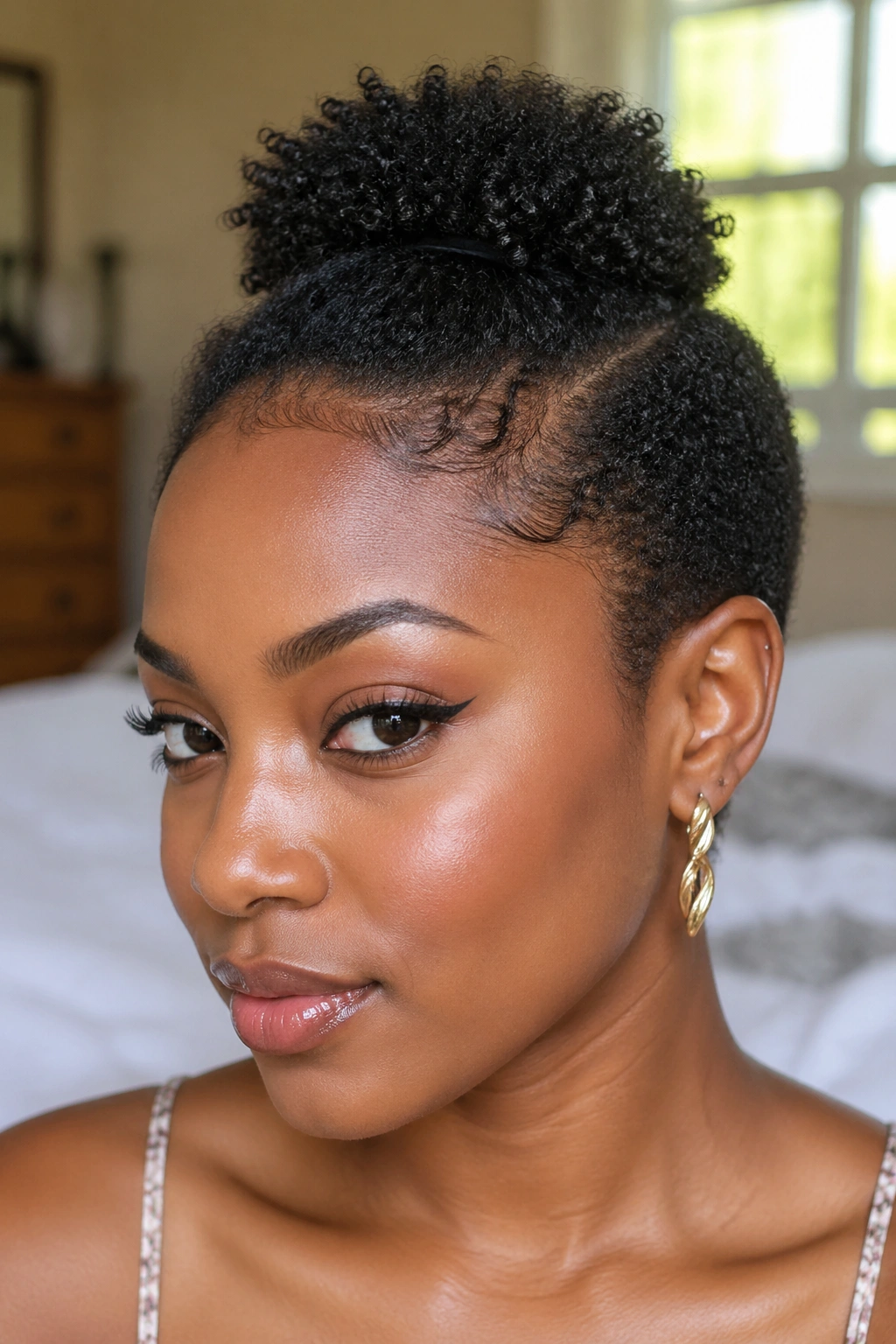 Close-up of a real Black woman with a mini puff at the crown on short natural curls