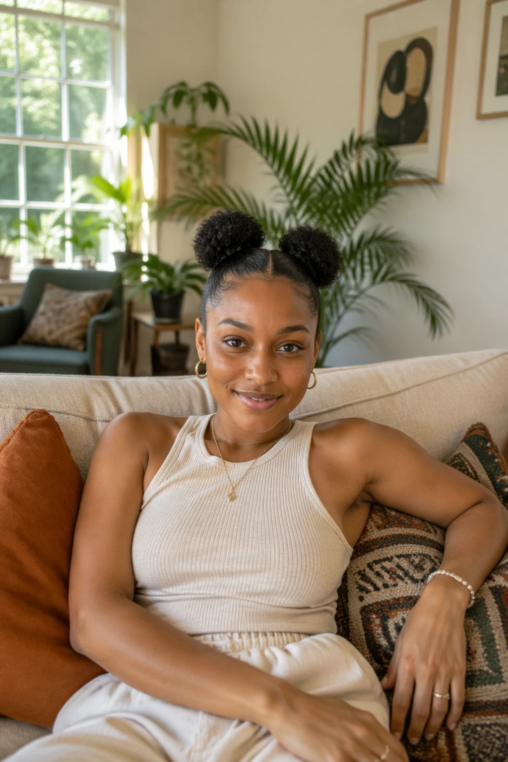 Two mini puffs on hair in a bright living room.