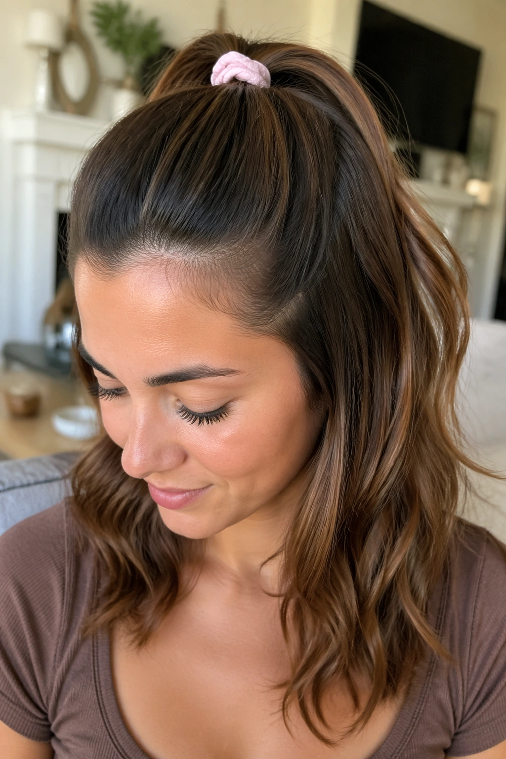 Close-up of a real person with a mini scrunchie half up ponytail