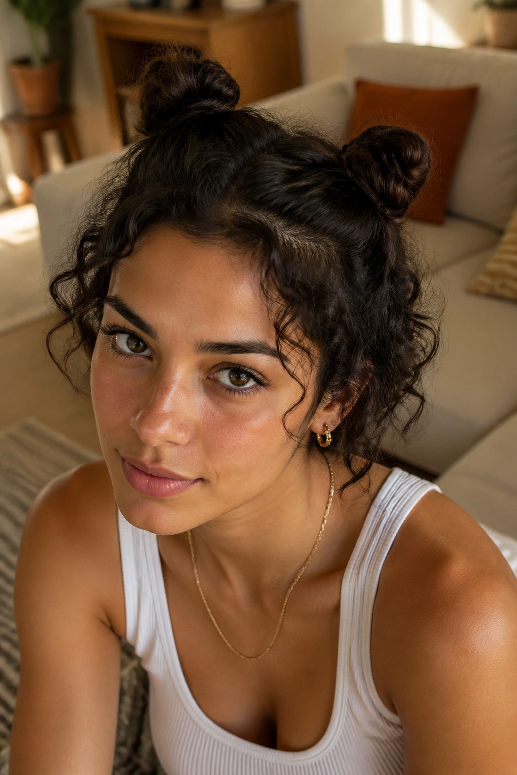 Close-up of a real person with two mini space buns and loose ends on short curls.
