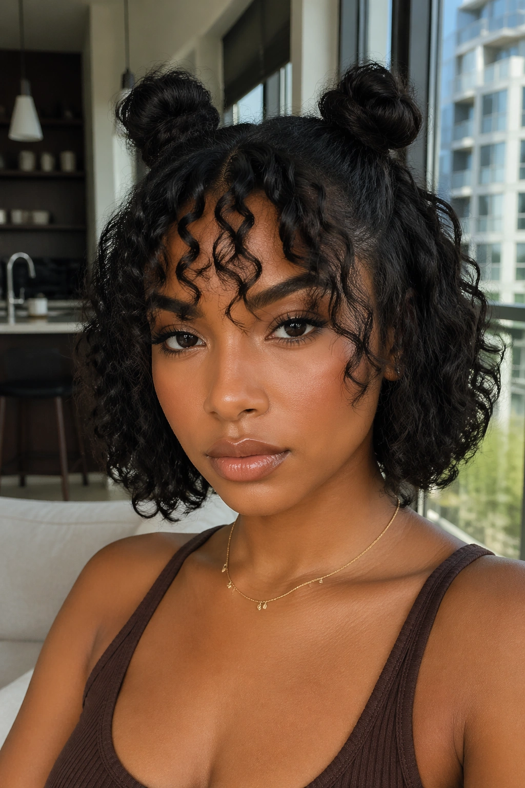 Close-up of a Black woman with mini space buns and curly bangs